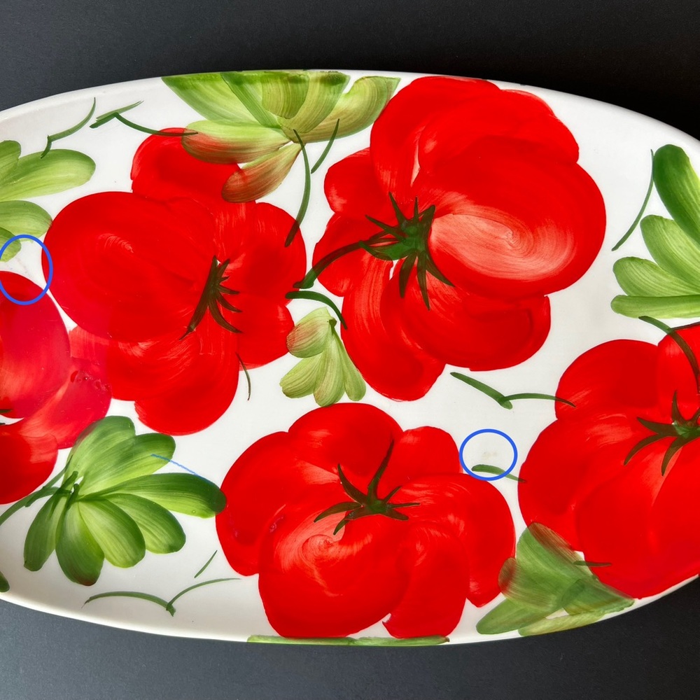 SOLD Vibrant Hand-Painted Ceramic Oval Platter 13", Red Tomatoes, Made in Italy - Picture 14 of 15